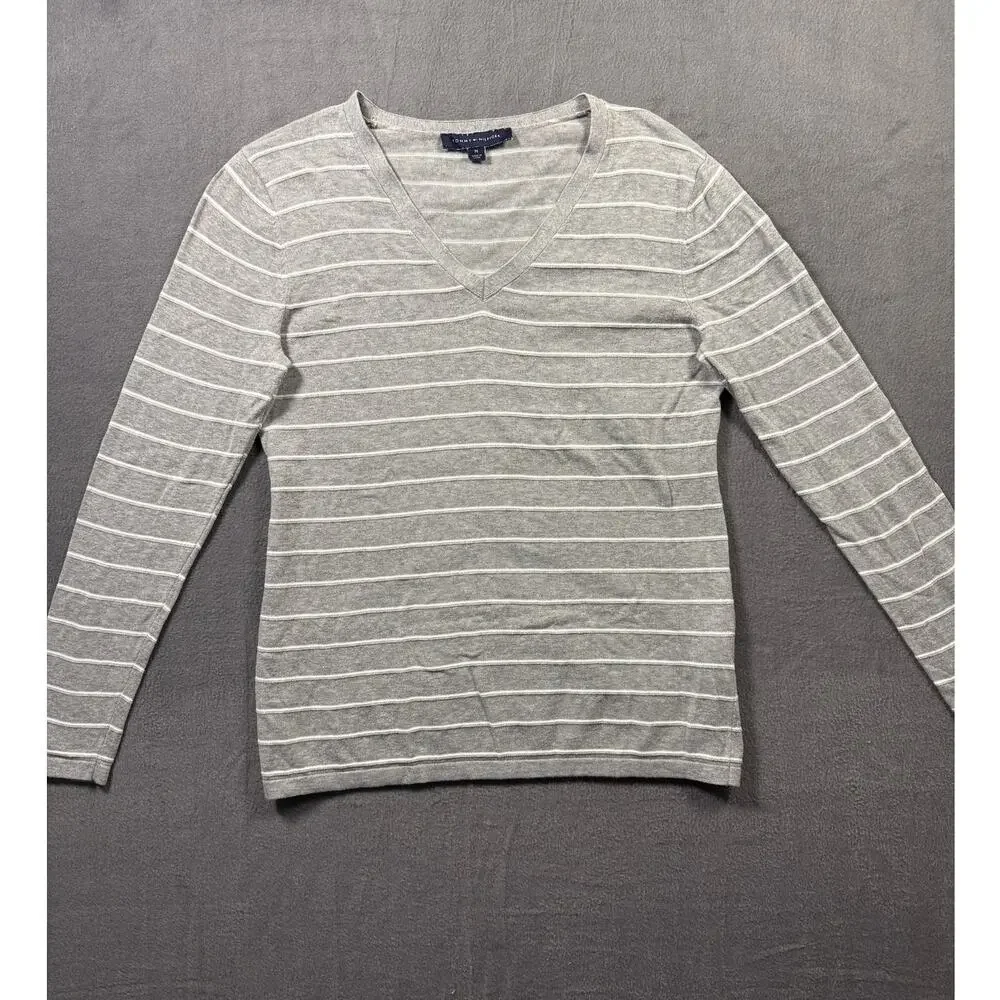 Tommy Hilfiger V-Neck Long Sleeve Sweater‎ Striped Grey Size Medium
